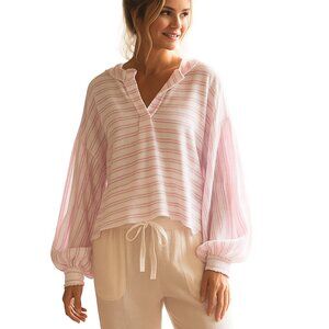 Pink and White Striped Terry Cloth Oversized Boxy Fit Balloon Sleeve Top Size L